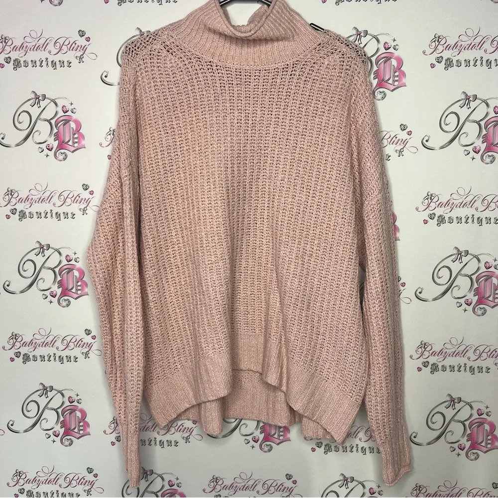 American eagle pink turtle neck sweater knitted warm  cozy oversized light pink